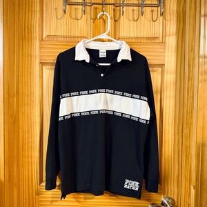 💝 PINK Victoria's Secret Black and White Long Sleeve Collared 2 Button Top